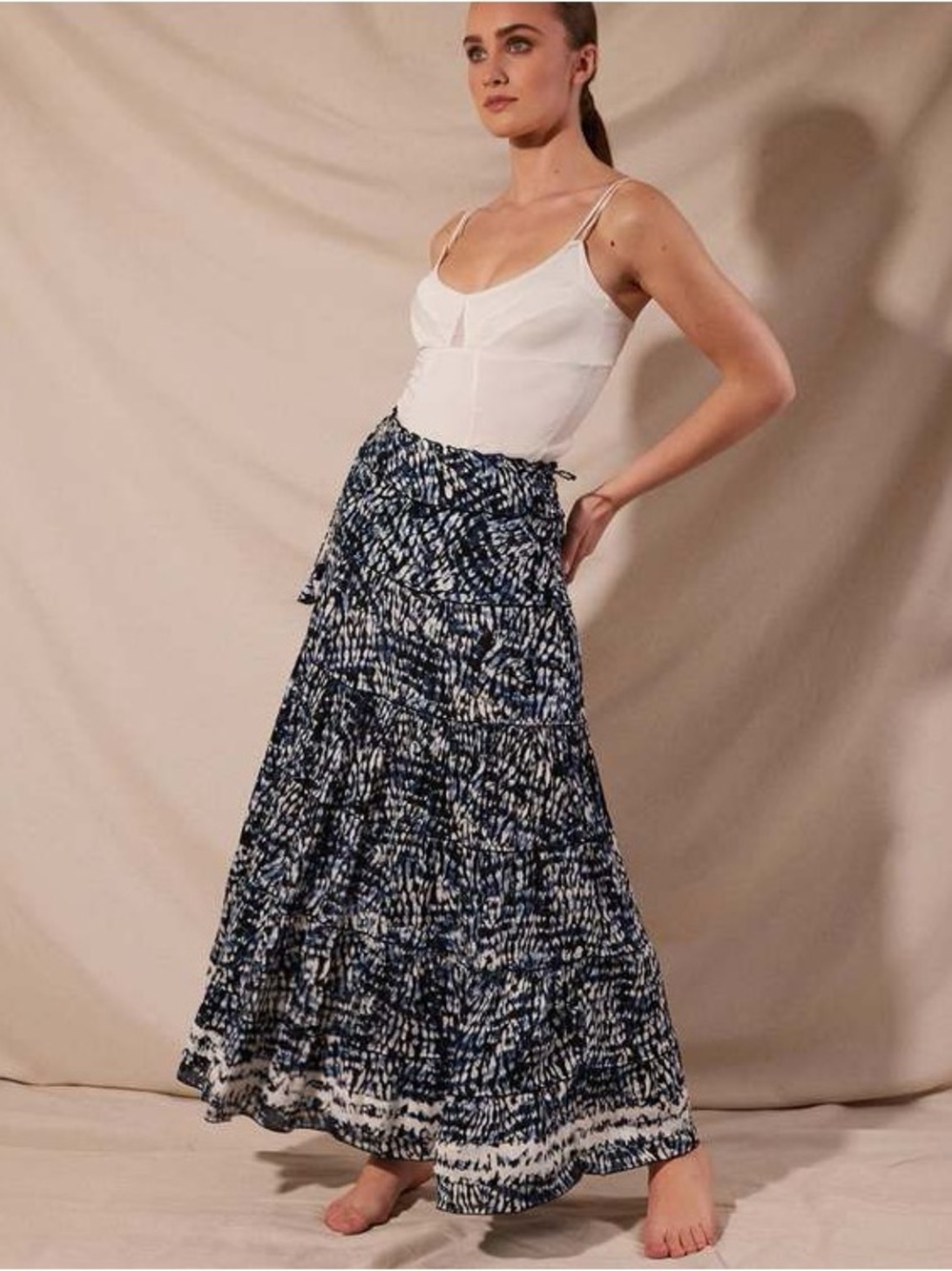 Poupette St. Barth Camila Blue Tie Dye Tiered Maxi Skirt Resort Vacation